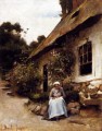Woman Sewing In Front Of Her Cottage Joseph Claude Bail